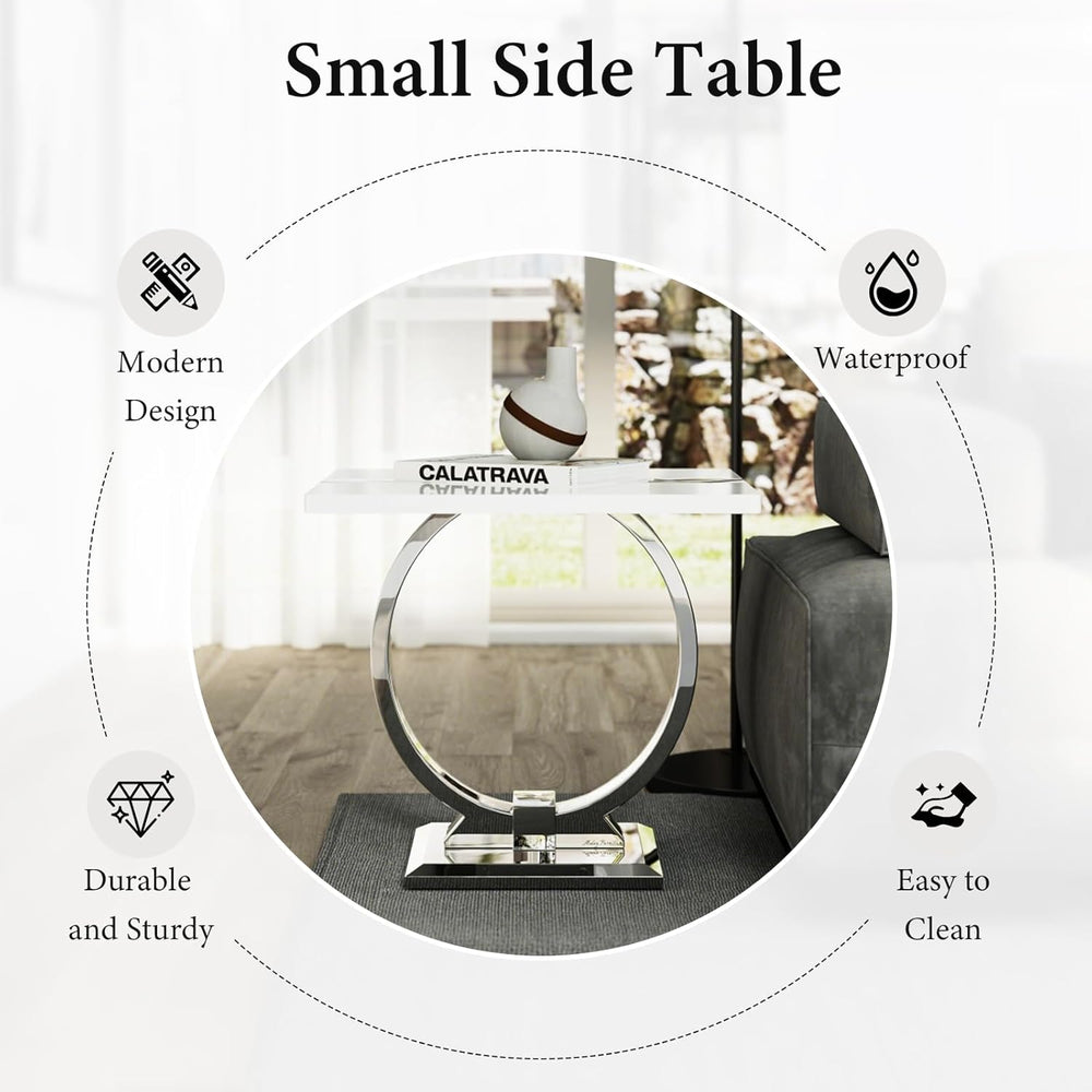 Asday 23.6" White and Silver End Table, Modern Side Table with Glossy Wo...