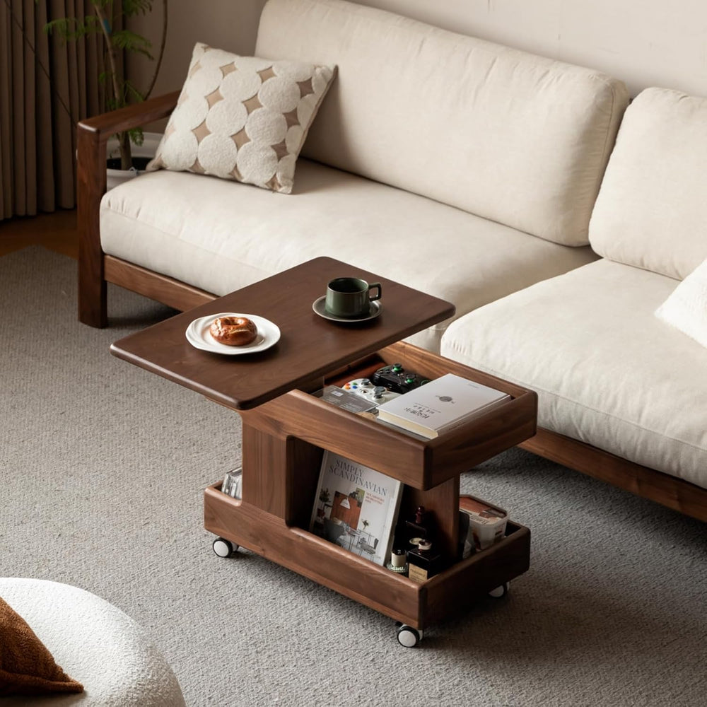 100% Solid Wood Lift Top End Table with Swivel Top, Sofa Couch Table with Whe...