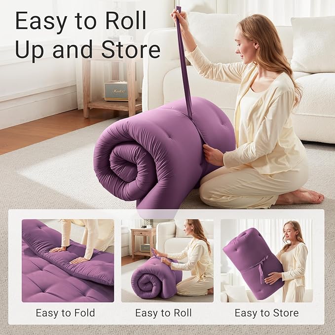 Japanese Floor Futon Mattress Queen Size 60"x 80", Foldable Floor Bed Mattress, Portable Tatami Mat Sleeping Pad, Folding Futon, Roll Up Floor Lounger for Guest Room Dormitory (Purple)