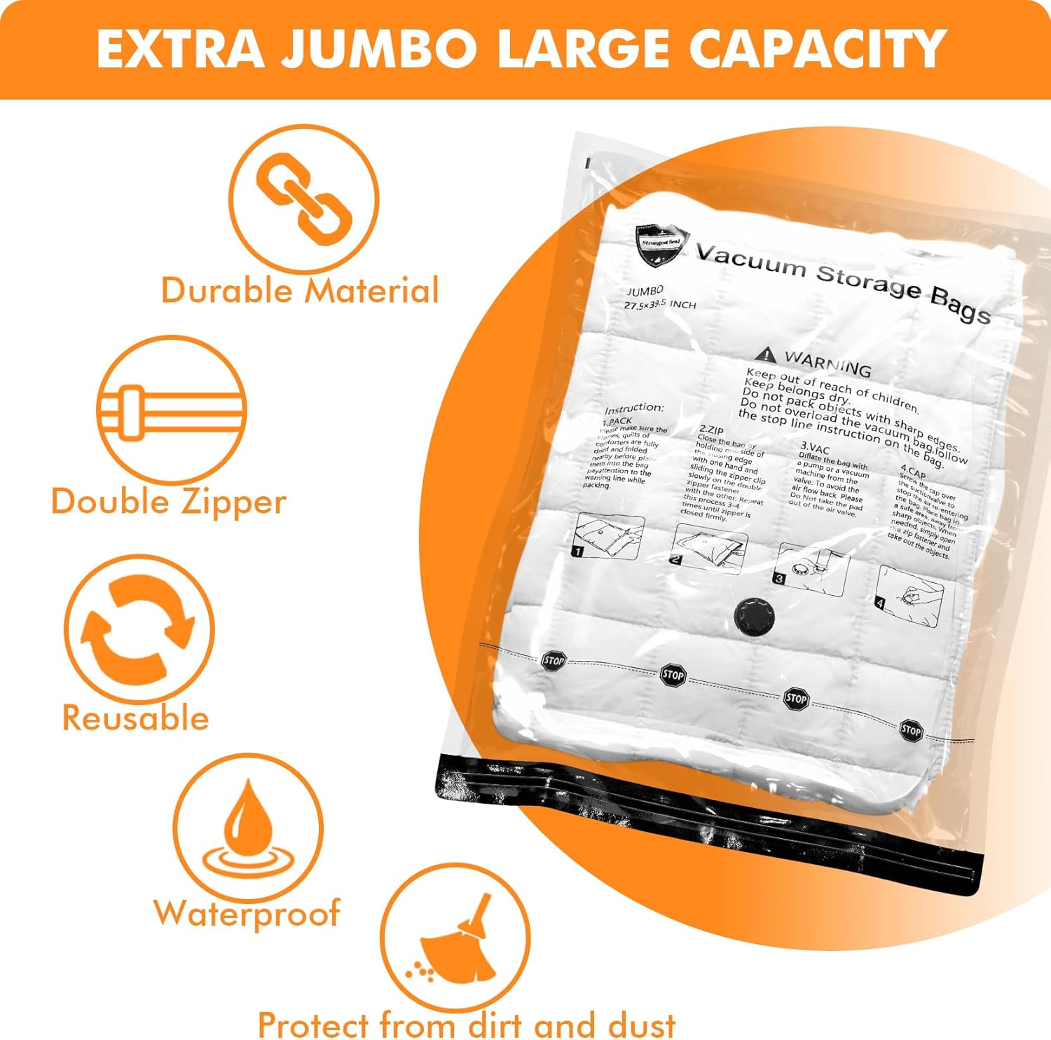Vacuum Storage Bags (10 x Jumbo), Space Saver Sealer Compression Bags with Travel Hand Pump for Blankets, Comforters, Pillows, Clothes Storage