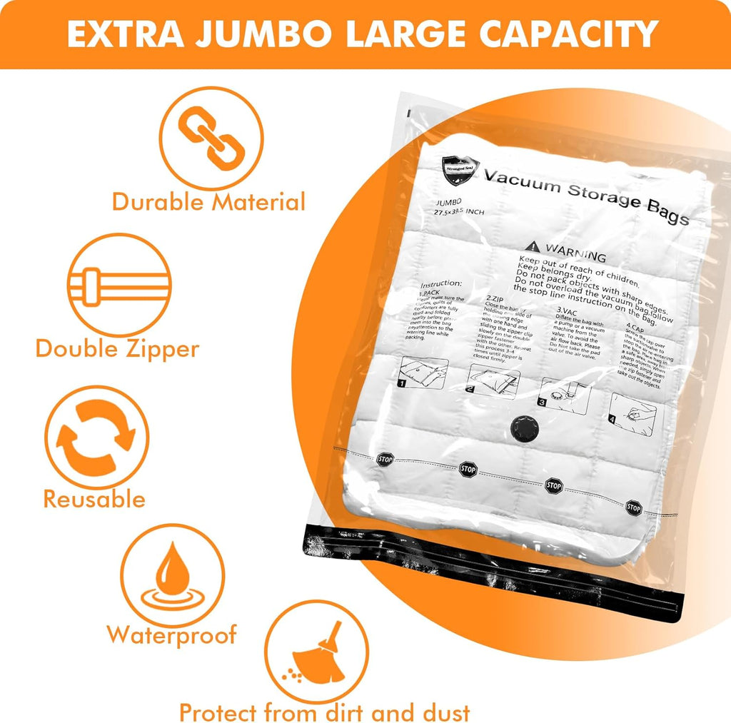 Vacuum Storage Bags (5 x Jumbo, 5 x Large), Space Saver Sealer Compression Bags with Travel Hand Pump for Blankets, Comforters, Pillows, Clothes Storage