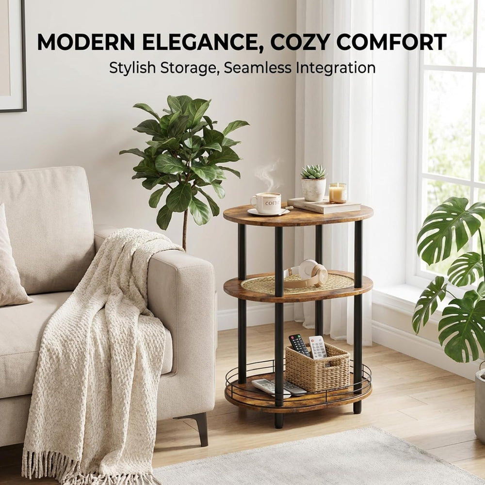 Small Rattan Side Table with Storage, 3 Tier Round/Oval End Table with Rattan...
