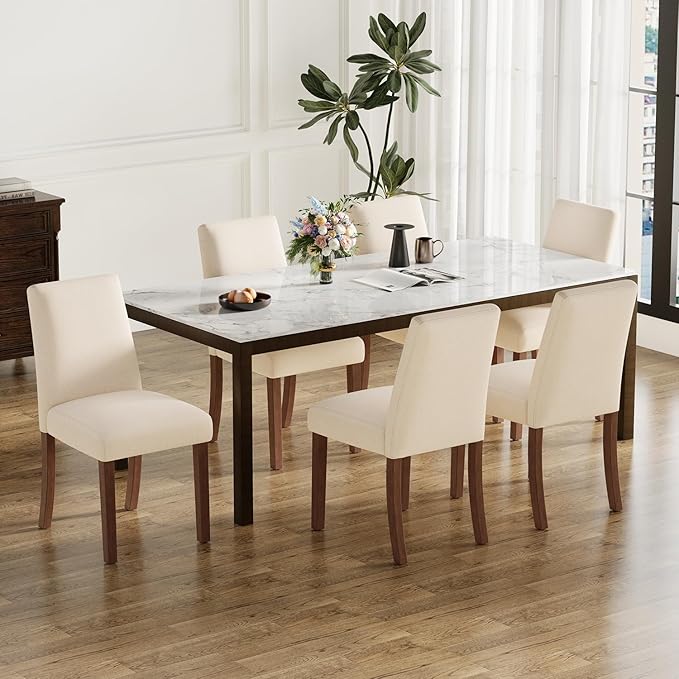 Dining Chairs Set of 6, Modern Dining Room Chairs with Wooden Legs, Upholstered Kitchen Farmhouse Parsons Chairs for Restaurant & Cafe- Beige