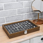 MOOCA Ring Box Jewelry Display Tray, Display Case Accessories Storage Box with Tempered Glass Hinge Lid, Black Lined Jewelry Tray for Rings, Walnut/Black Color, 14.1W x 10.2D x 2.1H in