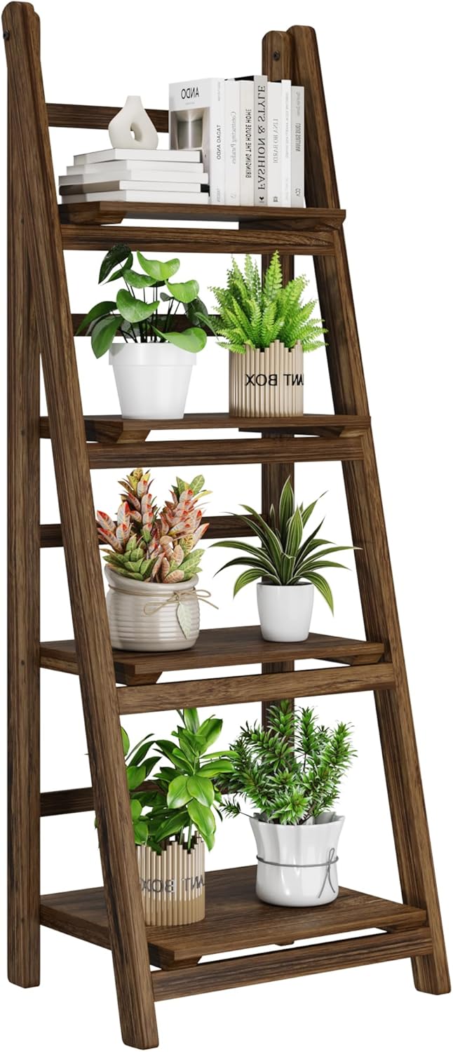 Ladder Shelves - Folding Wooden Ladder Bookshelf, 4-Tier Retro Plant Stand St...
