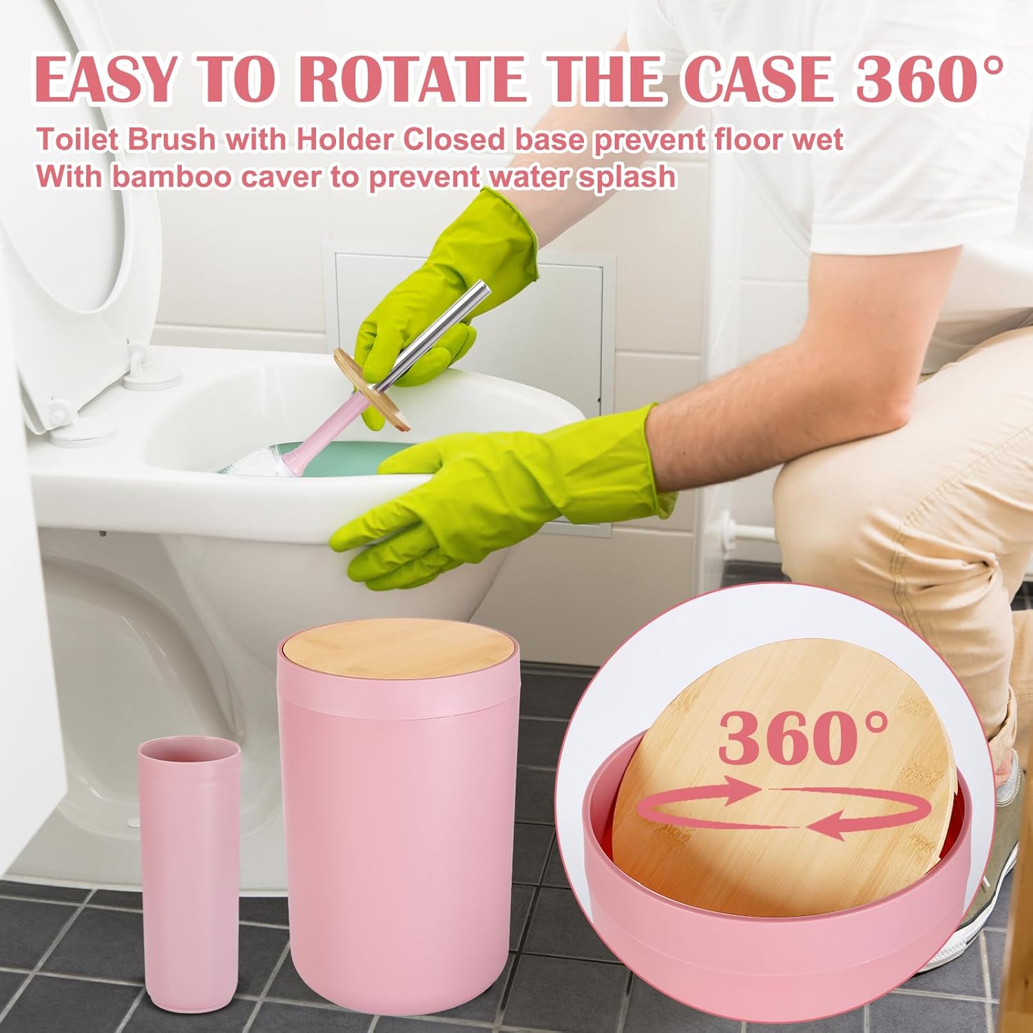 iMucci 9Pcs Pink Bathroom Accessories Set - with Trash Can,Toilet Brush,Toothbrush Holder, Lotion Soap Dispenser, Soap Dish,Toothbrush Cup,Qtip Holder,Tray