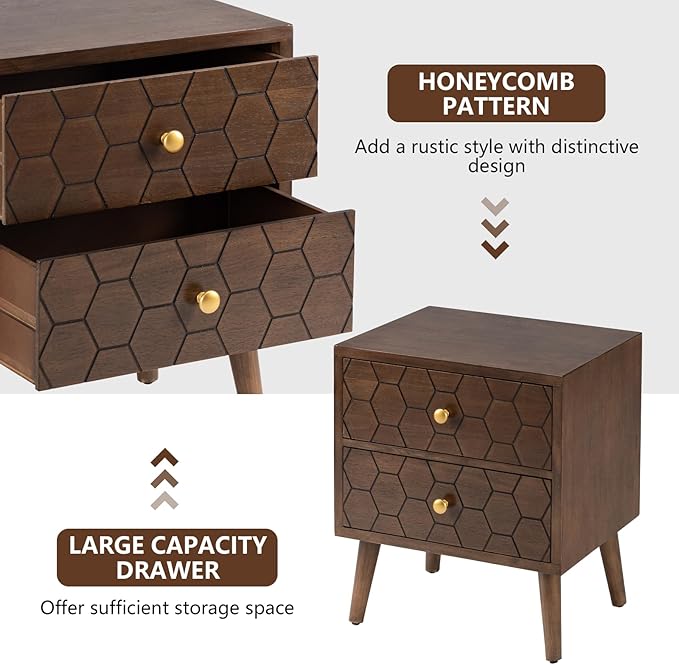 COSIEST Modern End Table w Honeycomb Pattern, Mid-Century Nightstand w Storag...