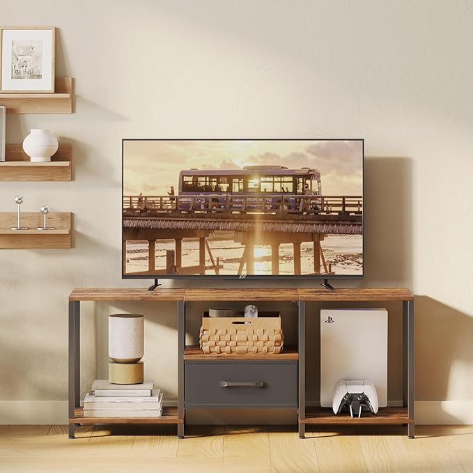TV Stand with Fabric Drawer for 55 Inch TV, Entertainment Center with Open Sh...