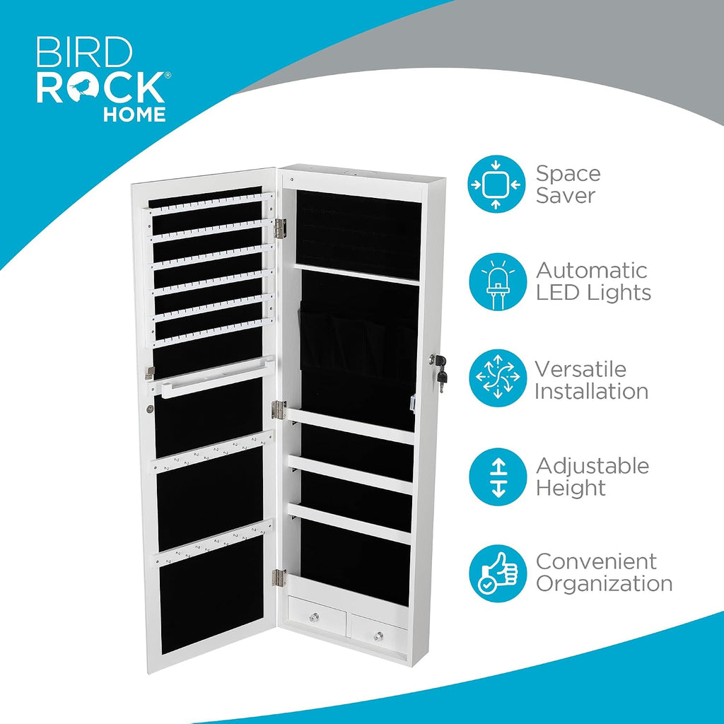 BIRDROCK HOME Hanging Jewelry Organizer - Lockable Storage Cabinet with Body Mirror & LED Lights, Door or Wall Mounted for Closet or Bedroom Dresser, Adjustable Height & Large Capacity - White