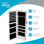 BIRDROCK HOME Hanging Jewelry Organizer - Lockable Storage Cabinet with Body Mirror & LED Lights, Door or Wall Mounted for Closet or Bedroom Dresser, Adjustable Height & Large Capacity - White