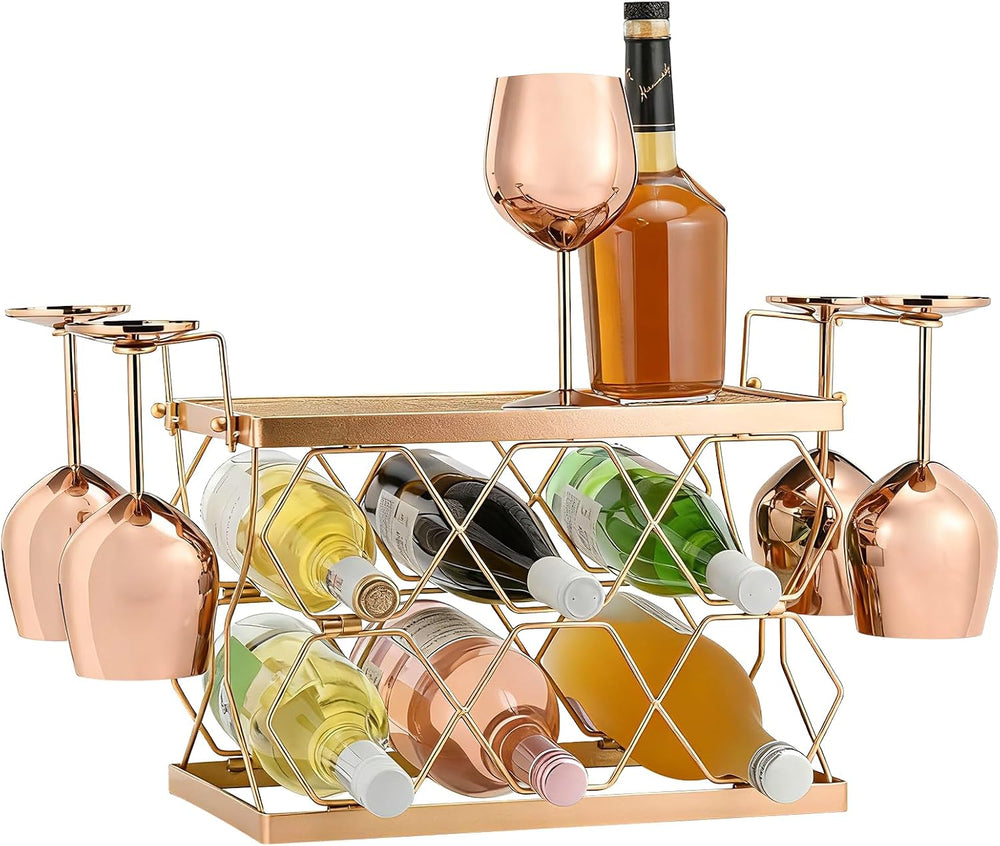 Countertop Wine Rack Organizer - Holds 6 Oversized Bottles & 4 Glasses | ...