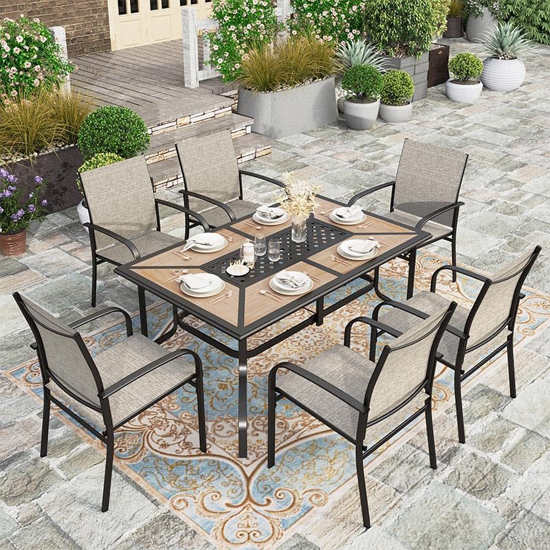 HERA'S HOUSE 7pc Patio Dining Set, Metal Table with PVC Top, Brown Chairs