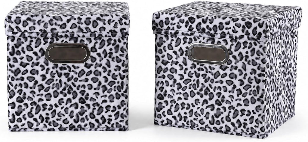 ANMINY Leopard Cheetah Print Storage Cubes Bins with Lids, 11Inch 2PCS | Velvet, PP Board Frame, Collapsible & Washable, Built-in Metal Handles, Animal Themed Fabric Cubes, Closet Shelves, Gray