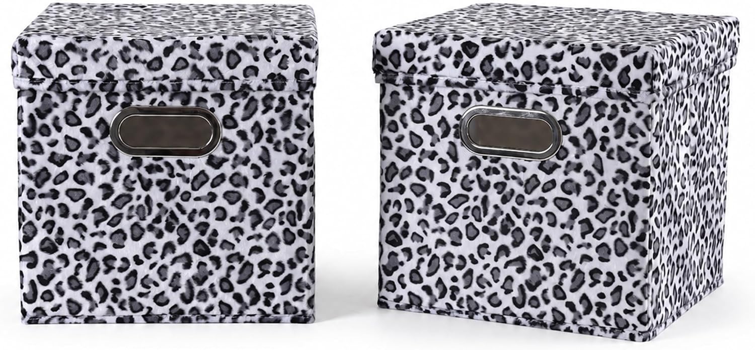 ANMINY Leopard Cheetah Print Storage Cubes Bins with Lids, 11Inch 2PCS | Velvet, PP Board Frame, Collapsible & Washable, Built-in Metal Handles, Animal Themed Fabric Cubes, Closet Shelves, Gray