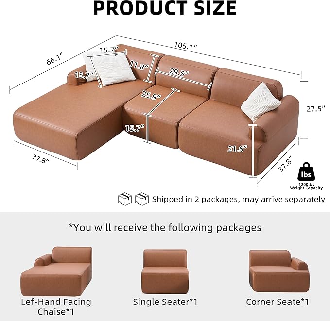 105” Modular Faux Leather Cloud Couch, Deep Seat L-Shaped Sectional with Removable Wipe-Clean Covers and Replaceable Cover Design for Living Room (Orange, 3 Seater+Left Facing Chaise)