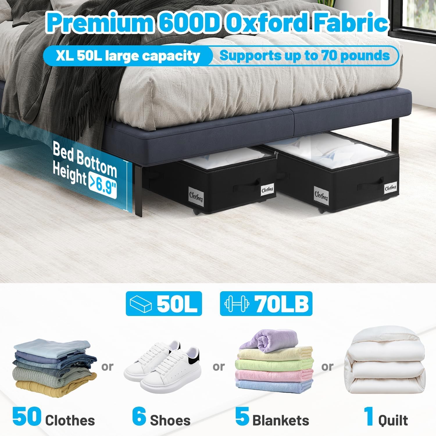 2 Pack Under Bed Storage with Wheels 6.7" Height, Rolling Storage Bins XL 50L, Underbed Shoe Storage Containers with Label & Clear Lid, Dorm Under bed Drawers for Clothes, Shoes, Quick Assembly, Black