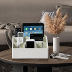 Remote Control Holder with 5 Compartments for Office Art Supplies, PU Leather Nightstand Organizer Pencil Pen Desk Caddy for Home, Desktop TV Remote Control Organizer Storage (Striped Ivory)