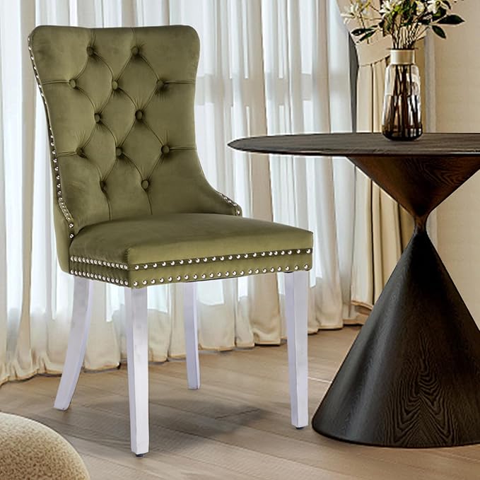 Velvet Upholstered Dining Chairs Set of 4, Modern Kitchen Side Chairs with Nailhead Trim and Silver Plated Leg, Metal Pulling Ring for Dining Room Living Room(Olive Green-Silver Plated Leg)