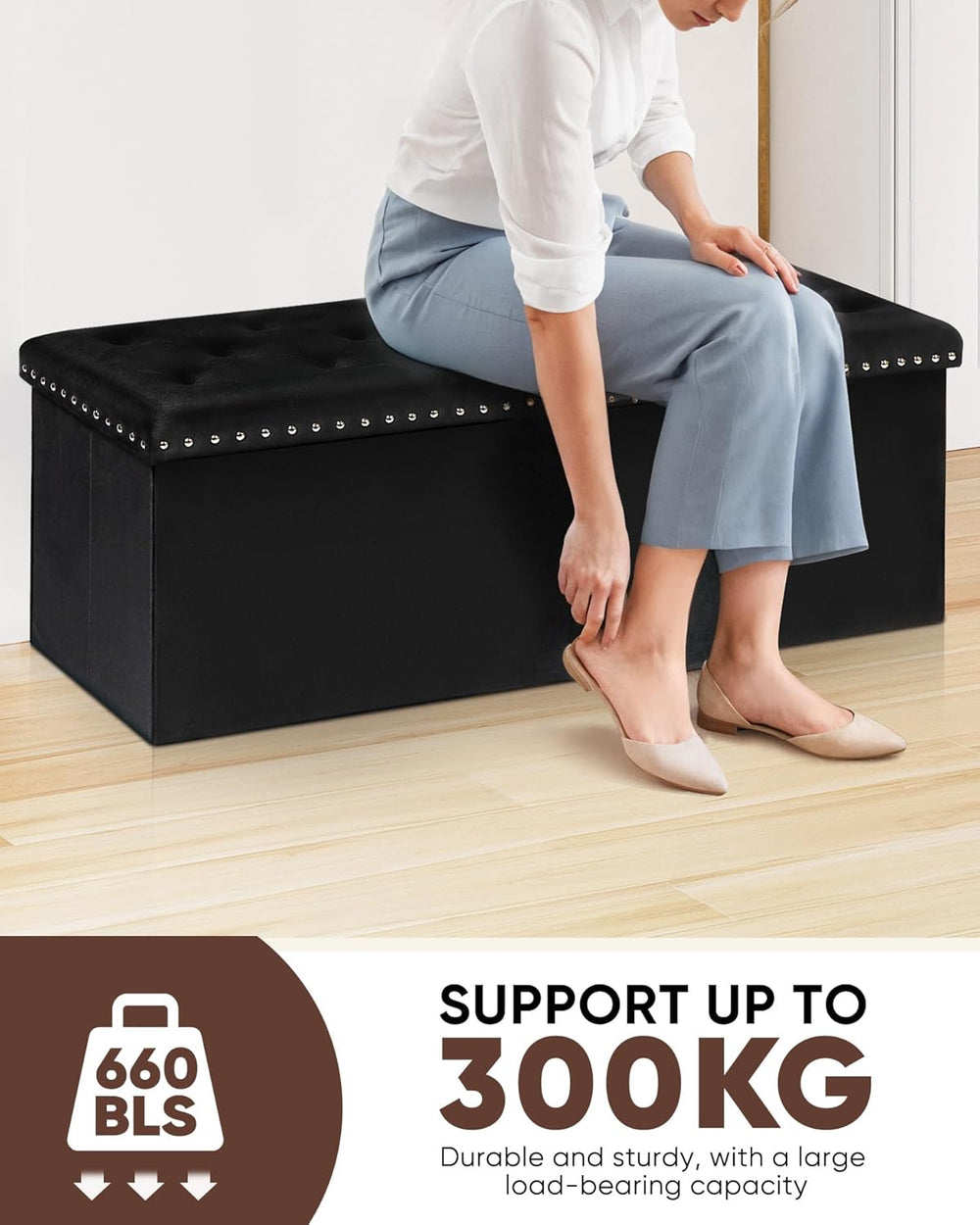 B FSOBEIIALEO Storage Ottoman Bench, 43" Velvet Ottoman with Storage, Bl...