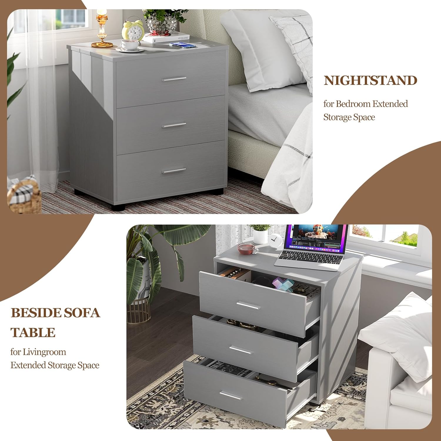 Aheaplus Closet Drawers Set of 2, Wood Closet Organizers and Storage with 3 Drawers, Closet Drawers Organizer System, Nightstands Bedside End Table with 3 Drawers Storage for Bedroom, Grey
