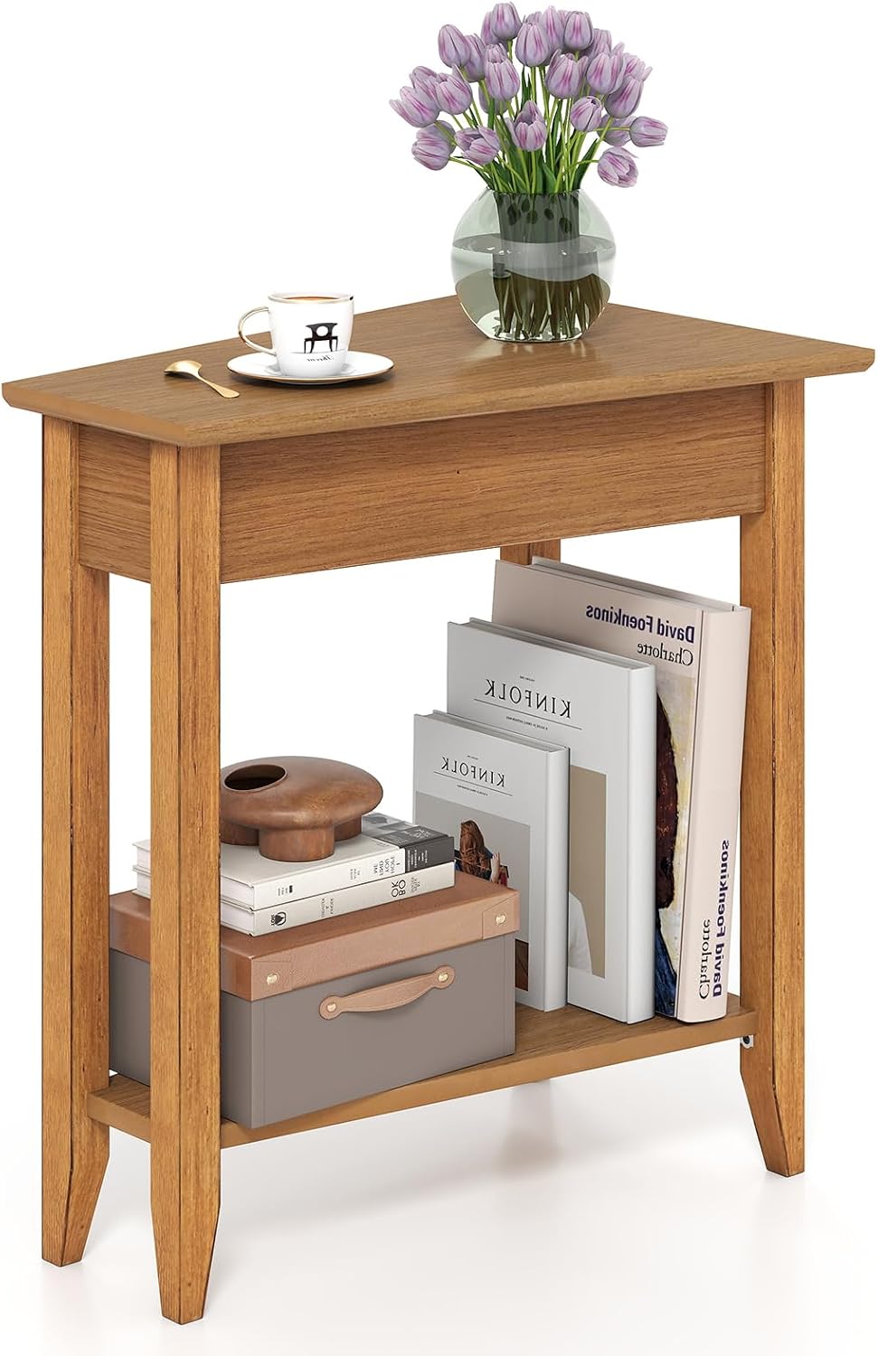 GOFLAME 2-Tier Wedge End Table, Narrow Triangle Side Table with Storage Shelf...