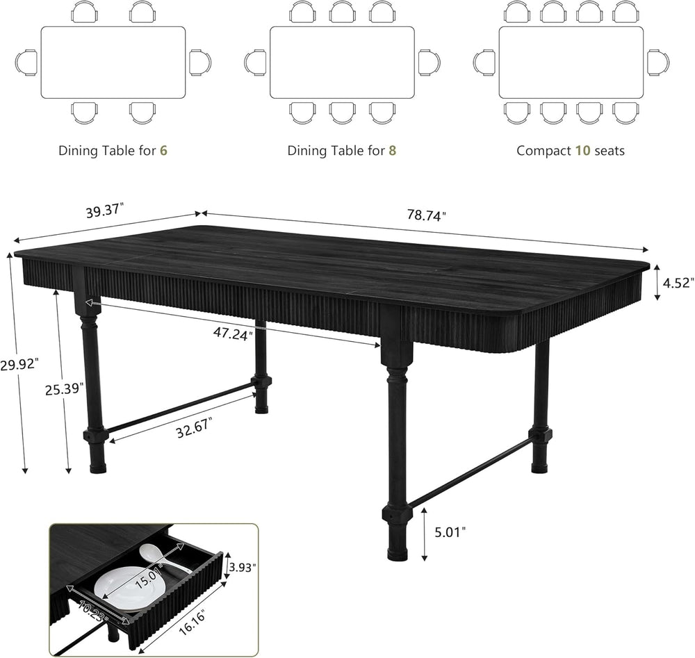 78 Inch Fluted Kitchen Dining Table for 6 8 10, Large Rectangular Kitchen Tab...