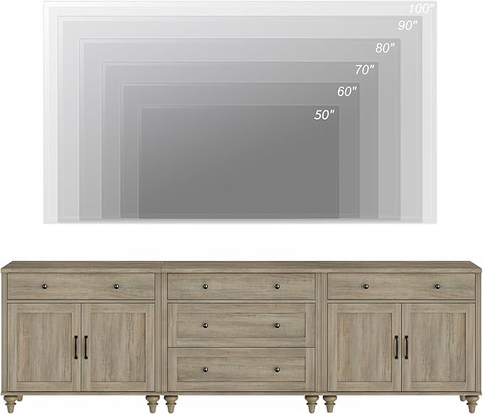 WAMPAT Farmhouse TV Stand for 100 Inch TV, 3-in-1 TV Console Table with 5 Drawers and 4 Doors, Entertainment Center for 75/80/85/90 Inch TV, Kitchen Sideboard Buffet Cabinet for Dining Room, Grey Wash