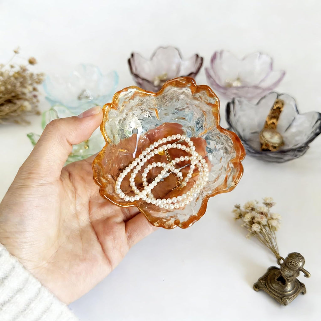 HIUSITY Flower Jewelry Dish, Ring Dish Tray,Decorative Cute Blue Glass Trinket Dish,Gift Ideas for Women,Small Gifts for Girlfriend Wife, Ring Holder, Earrings Dishs,Key Plate,Birthday Gift for Her