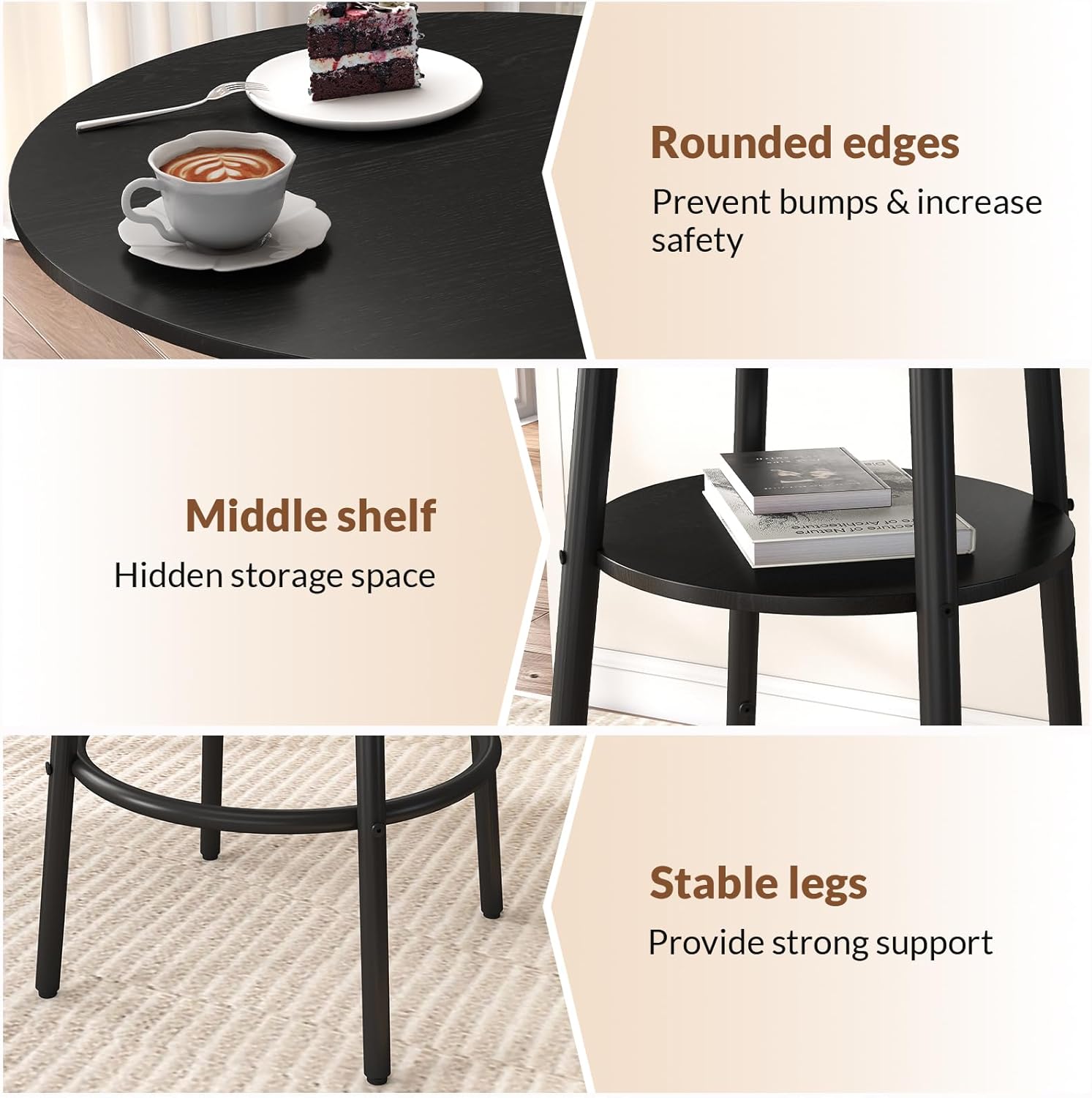 Zevemomo 3 Pieces Bar Table and Chairs Set Pub Table and Chairs for 2-Black | Bistro Table and Chairs Set of 2, Round Bar Table Set with 2 Thickened Cushion Stools & Backrest, Dining Table set for 2