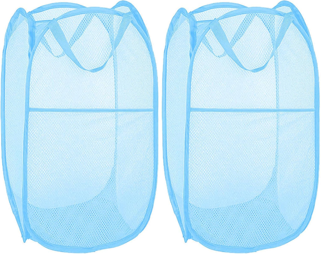 Larpur Pack of 2 Pop up Laundry Hampers, Collapsible Laundry Baskets, Portable Mesh Clothes Hampers for Kids Room, College Dorm, Bathroom, Foldable Hamper with Carry Handles, Sky Blue