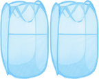 Larpur Pack of 2 Pop up Laundry Hampers, Collapsible Laundry Baskets, Portable Mesh Clothes Hampers for Kids Room, College Dorm, Bathroom, Foldable Hamper with Carry Handles, Sky Blue
