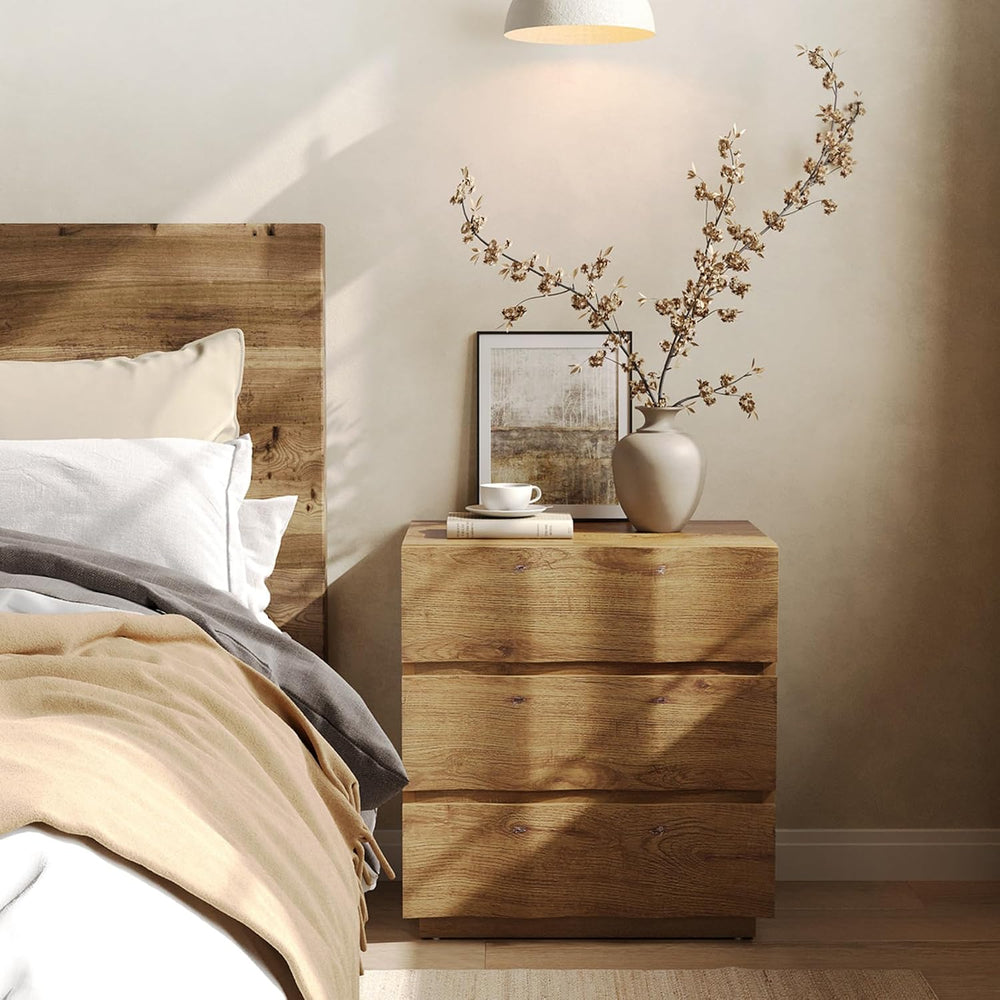 LITTLE TREE End Table with 3 Drawers, Fluted Nightstand, Farmhouse Bedside Ta...