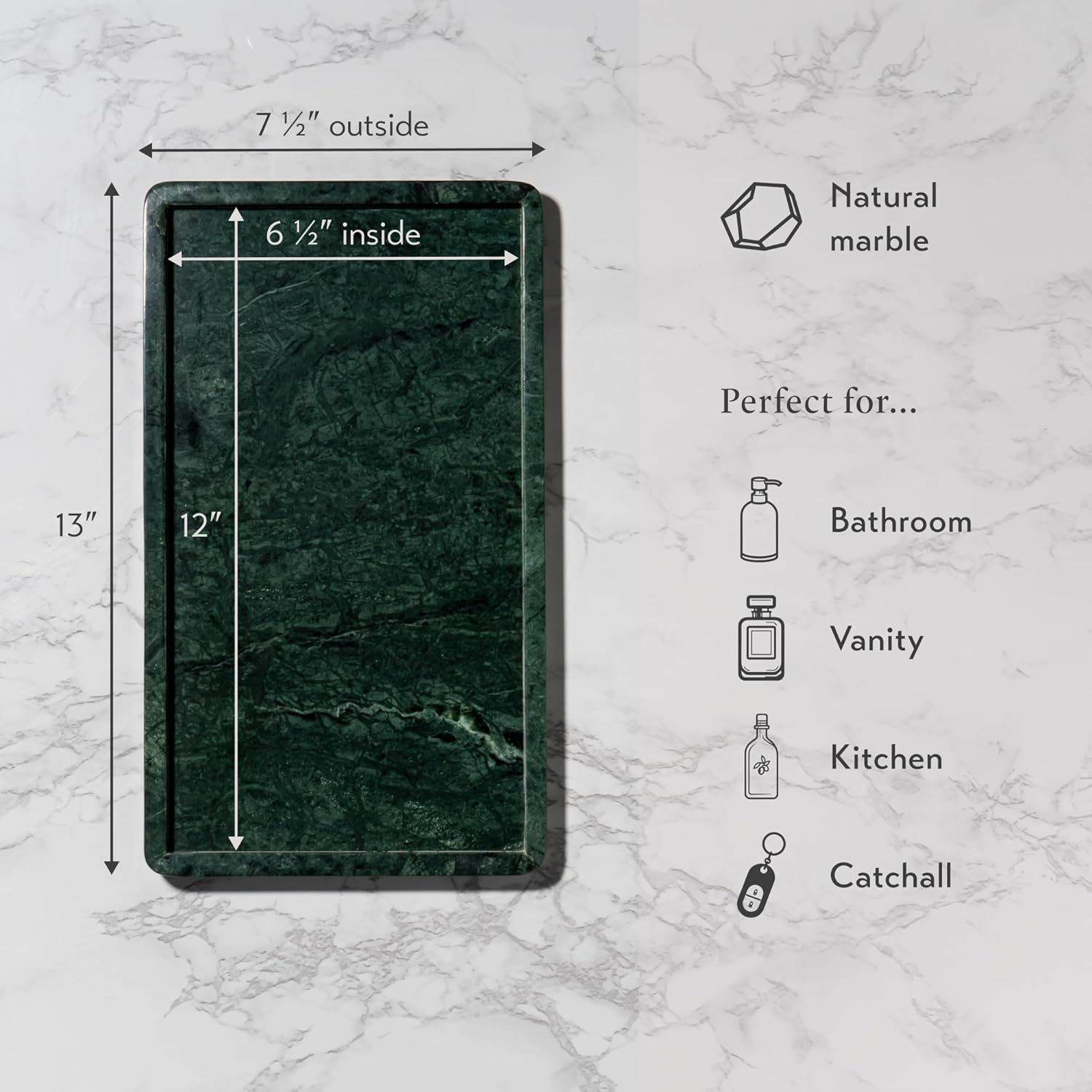 Cork & Mill Green Marble Tray for Bathroom Countertop, Kitchen Counter, or Catchall - 13" x 7½" Large Vanity Tray for Skincare or Perfume - Handcrafted Natural Marble Stone Organizer