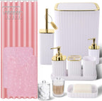 Bathroom Accessories Set- 25PC White Bathroom Set, Bathroom Set with Shower Curtain and Rugs, Pink Shower Curtain Set, Soap Dish & Trash Can