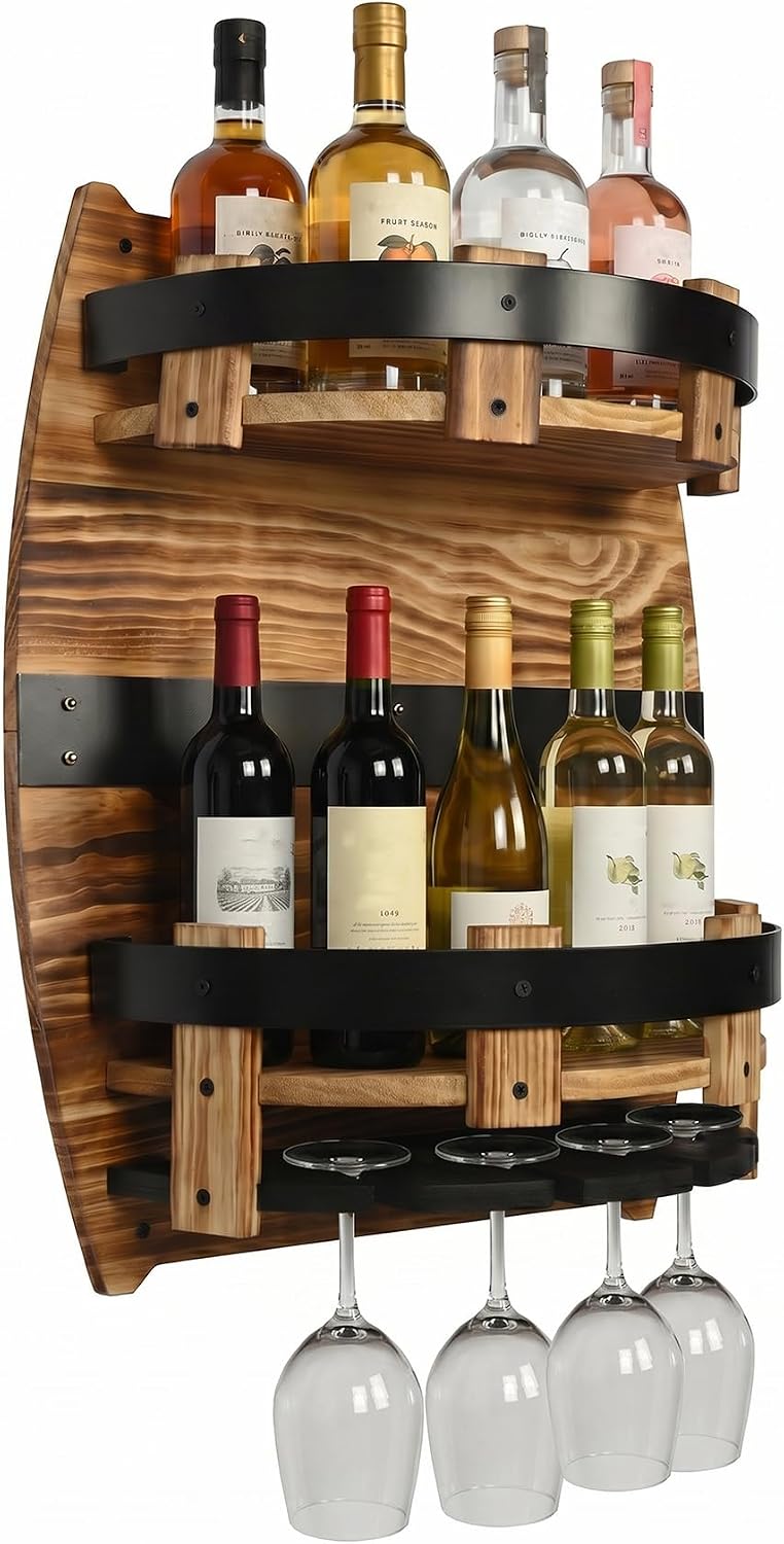 Whiskey Barrel Wall Shelf, Wooden Bourbon Bottle Display Rack | Vintage Handcrafted Wooden Liquor Storage Shelf for Home Bar, Kitchen, Man Cave and Farmhouse Decor