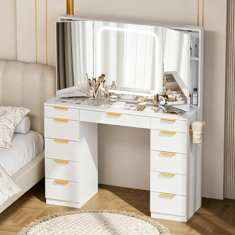 Pamapic Glass Top Vanity Desk with Foldable Mirror, 11 Drawers Makeup Vanity ...