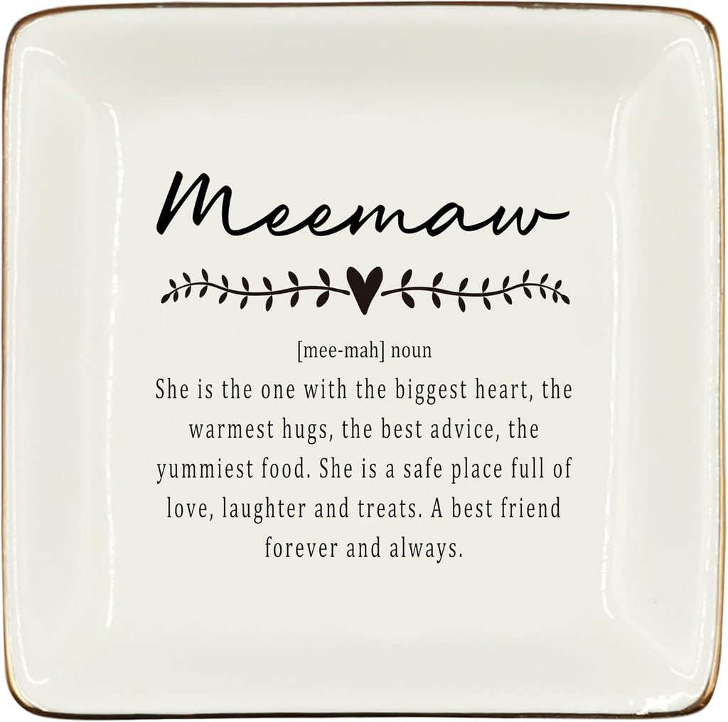WODMIS Meemaw Gifts Ceramic Jewelry Tray Dish, Grandma Birthday Gift Jewelry Plate Dish, Meemaw Ring Trinket Dish, Grandma Granny Christmas Gifts for Women 514