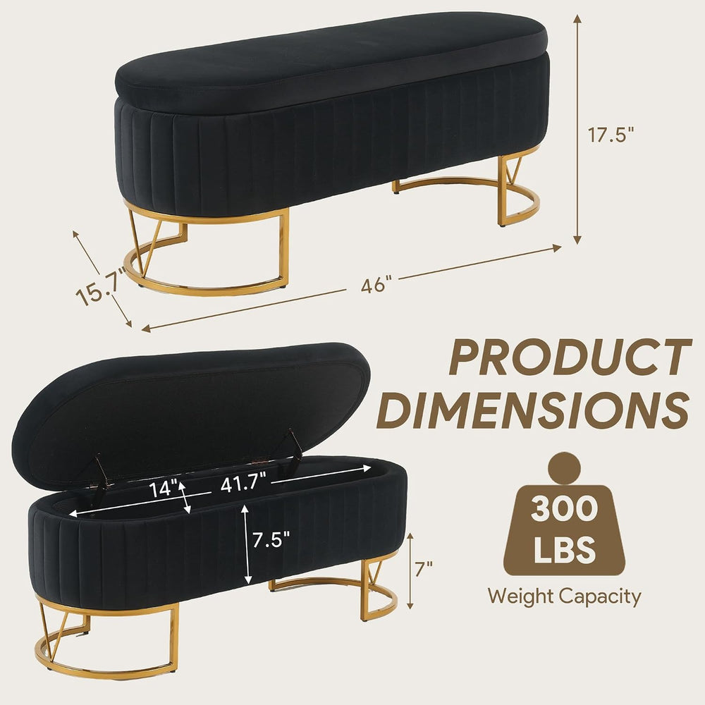 Storage Bench Bedroom Bench, Velvet Oval Upholstered End of Bed Bench with Go...