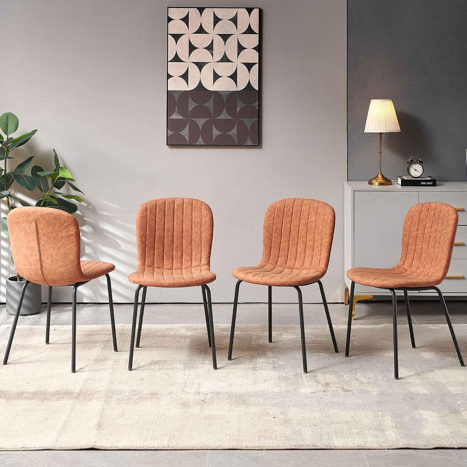 Dining Chair Set of 4, Upholstered PU Leather Seat with Black Metal Legs,Modern Comfortable Kitchen Chair, Curved Backrest Dining Chair for Dining Room Living Home(Mid-Century Brown)