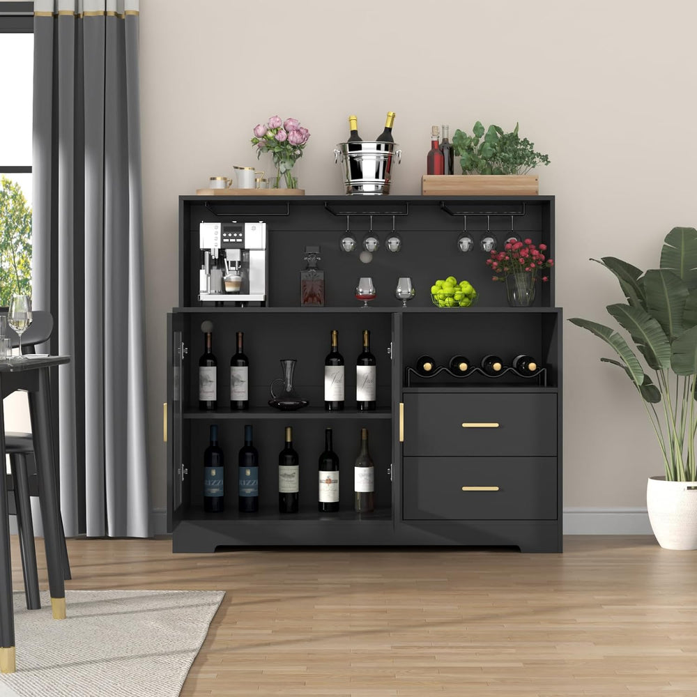 Bar Cabinet for Home with LED Light,Coffee Bar Cabinet w/ Wine & Glass Ra...