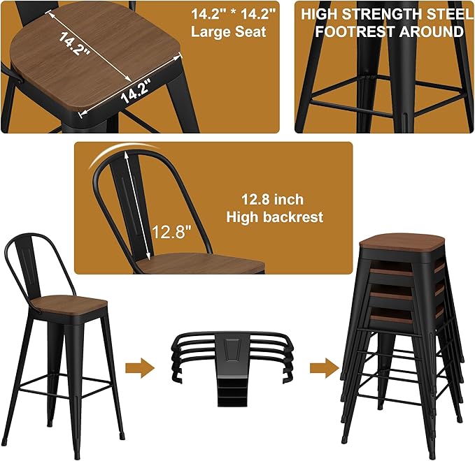 Andeworld Metal Bar Stools Set of 4, 26 inch Counter Height Barstools with Backs Farmhouse Modern High Back Bar Stools with Larger Seat Kitchen Dining Bar Chairs,Matte Black