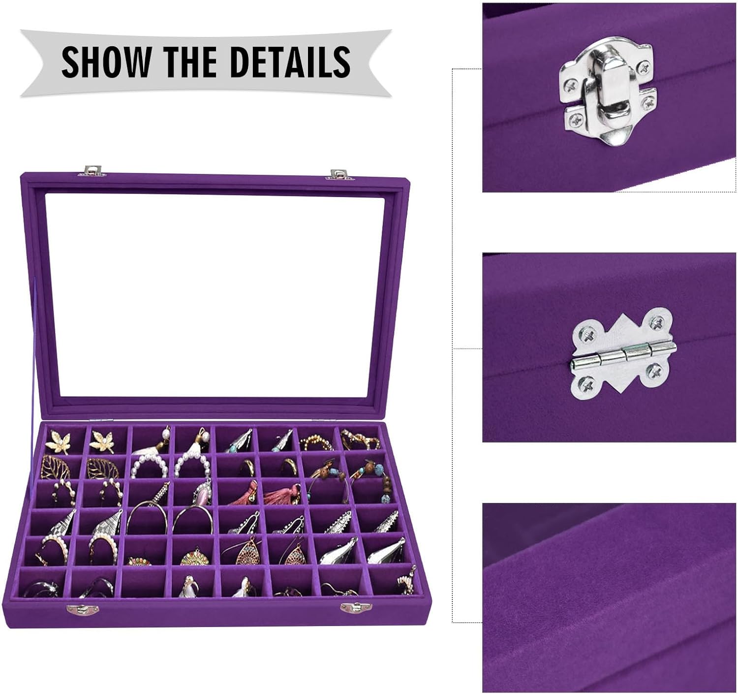 Velvet Jewelry Tray 48 Grid Jewelry Display Tray Organizer Box with Transparent Lid Rings Earrings Necklaces Pendants Display Box Suitable for Women and Girls (Purple)