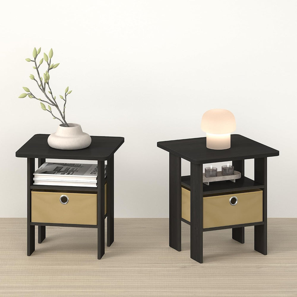 OTA Side Table, End Table, Night Stand with Bin Drawer, Ebony/Brown, Set of 2