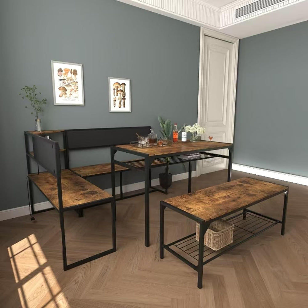 KEIKI 3-Piece Corner Dining Table Set for 4-6, Industrial Kitchen Table and C...
