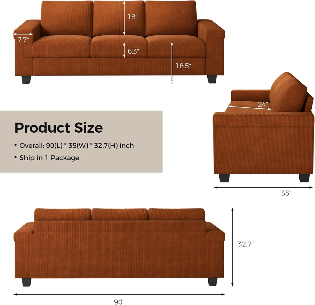 COPIAE 3 Seater Sofa Couch with Deep Seat, 90" Modern Upholstered Sofa with Armrests, Easy Installation, Comfy Couches for Living Room, Apartment,Rust