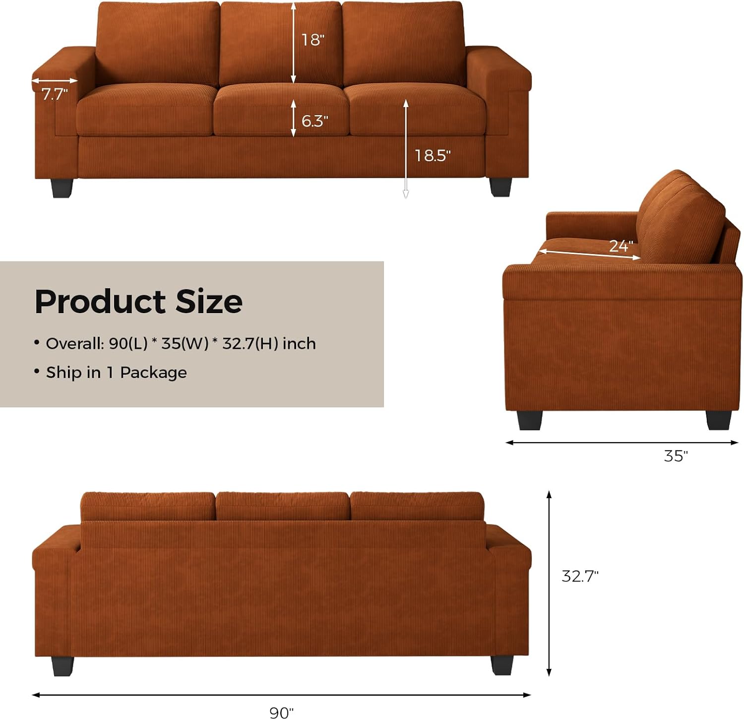 COPIAE 3 Seater Sofa Couch with Deep Seat, 90" Modern Upholstered Sofa with Armrests, Easy Installation, Comfy Couches for Living Room, Apartment,Rust