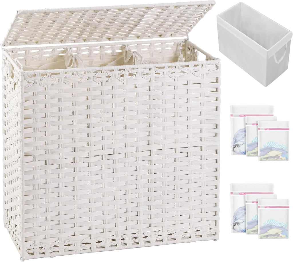 Laundry Hamper with Lid Laundry Basket 132 L (35 Gal) Wicker Clothes Hamper, Handwoven Rattan Hamper with Handles and 4 Removable Liner Bags, 6 Mesh Bags for Laundry Bedroom White