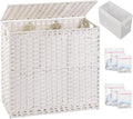 Laundry Hamper with Lid Laundry Basket 132 L (35 Gal) Wicker Clothes Hamper, Handwoven Rattan Hamper with Handles and 4 Removable Liner Bags, 6 Mesh Bags for Laundry Bedroom White