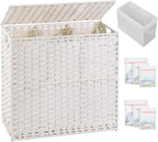 Laundry Hamper with Lid Laundry Basket 132 L (35 Gal) Wicker Clothes Hamper, Handwoven Rattan Hamper with Handles and 4 Removable Liner Bags, 6 Mesh Bags for Laundry Bedroom White