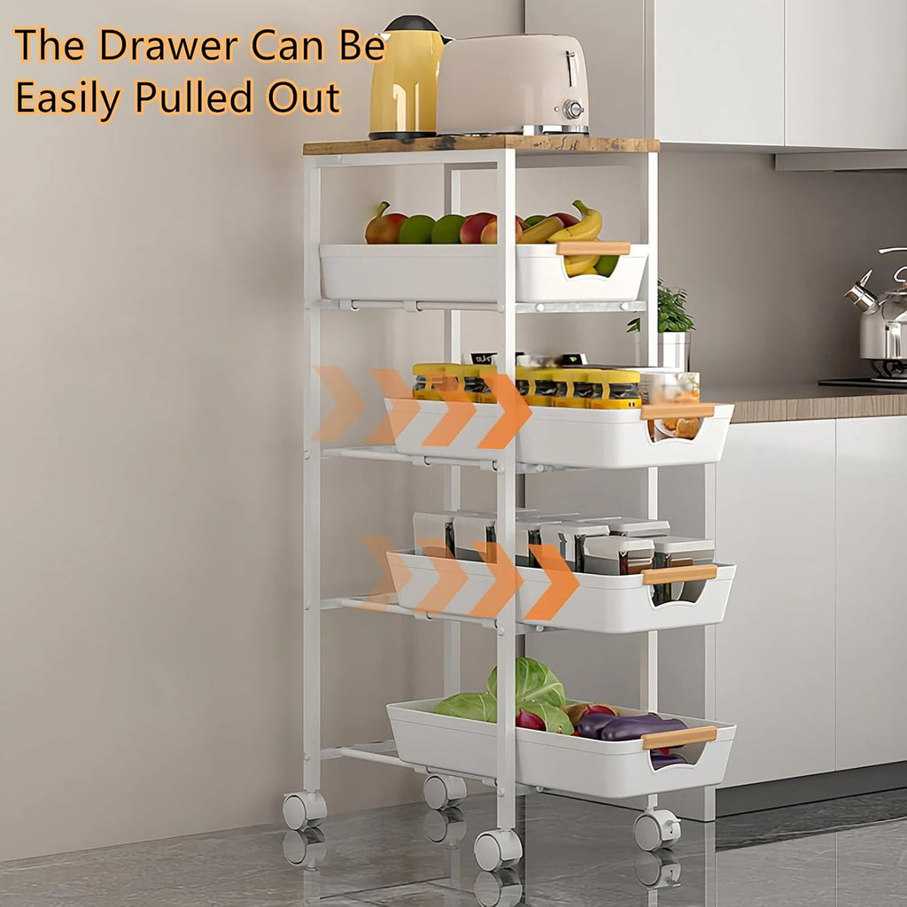 5-Tier Rolling Utility Cart with Wooden Top & Drawers, Metal Frame Storage Organizer with Wheels for Kitchen, Bathroom, Living Room, Office